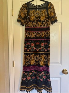 Anthropologie Black Midi Dress with Gold Paisley & Pink Floral Accents